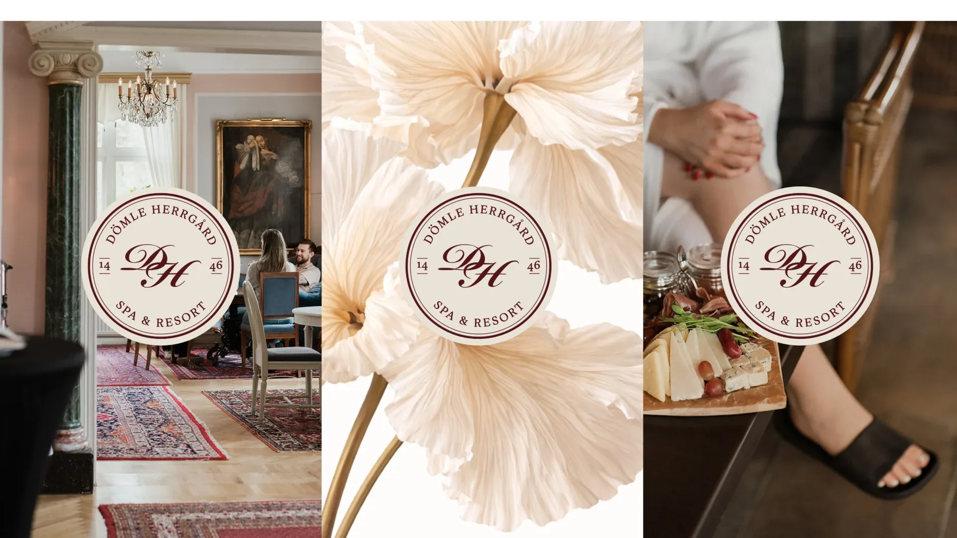 Dömle Herrgårds emblem placerat över tre miljöbilder: en salong med kristallkrona, ljusa blommor och en gäst med ett fat ost