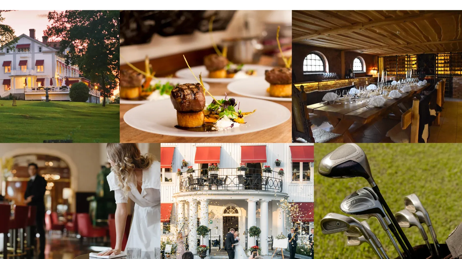Bildcollage med herrgårdsbyggnaden, serverade maträtter, en dukad långbordssal, ett bröllopspar, en brud och golfklubbor