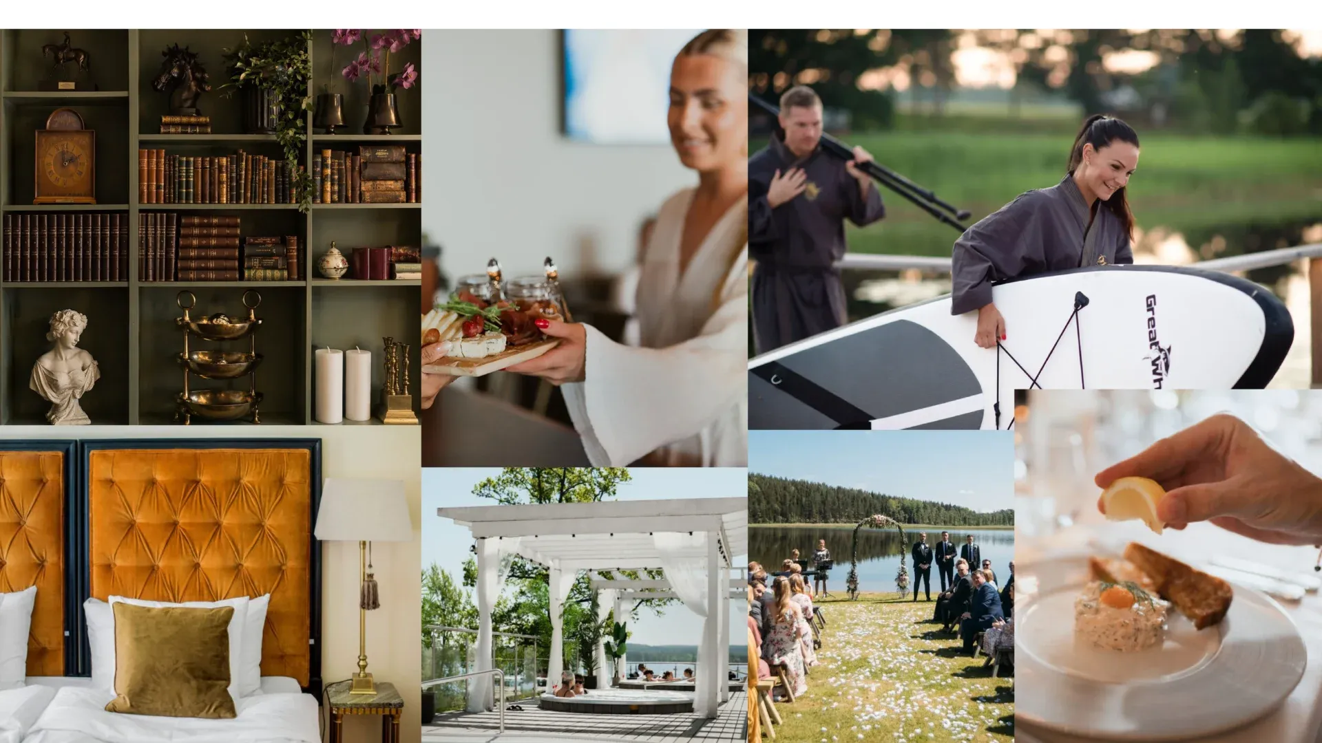 Bildcollage med bibliotek, hotellrum, spagäster i morgonrock, paddelbräda, paviljong vid sjön, bröllopsceremoni utomhus och en förrätt