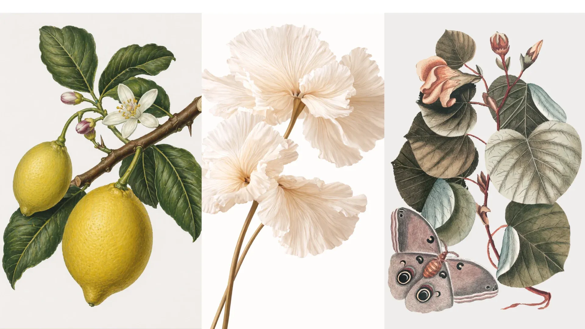 Botaniska illustrationer i profilen: citroner på en gren, ljusa blommor och gröna blad med en nattfjäril