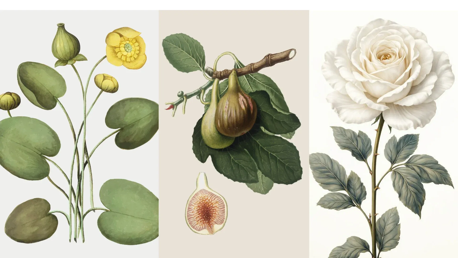 Botaniska illustrationer i profilen: näckrosor, fikon på en gren och en vit ros
