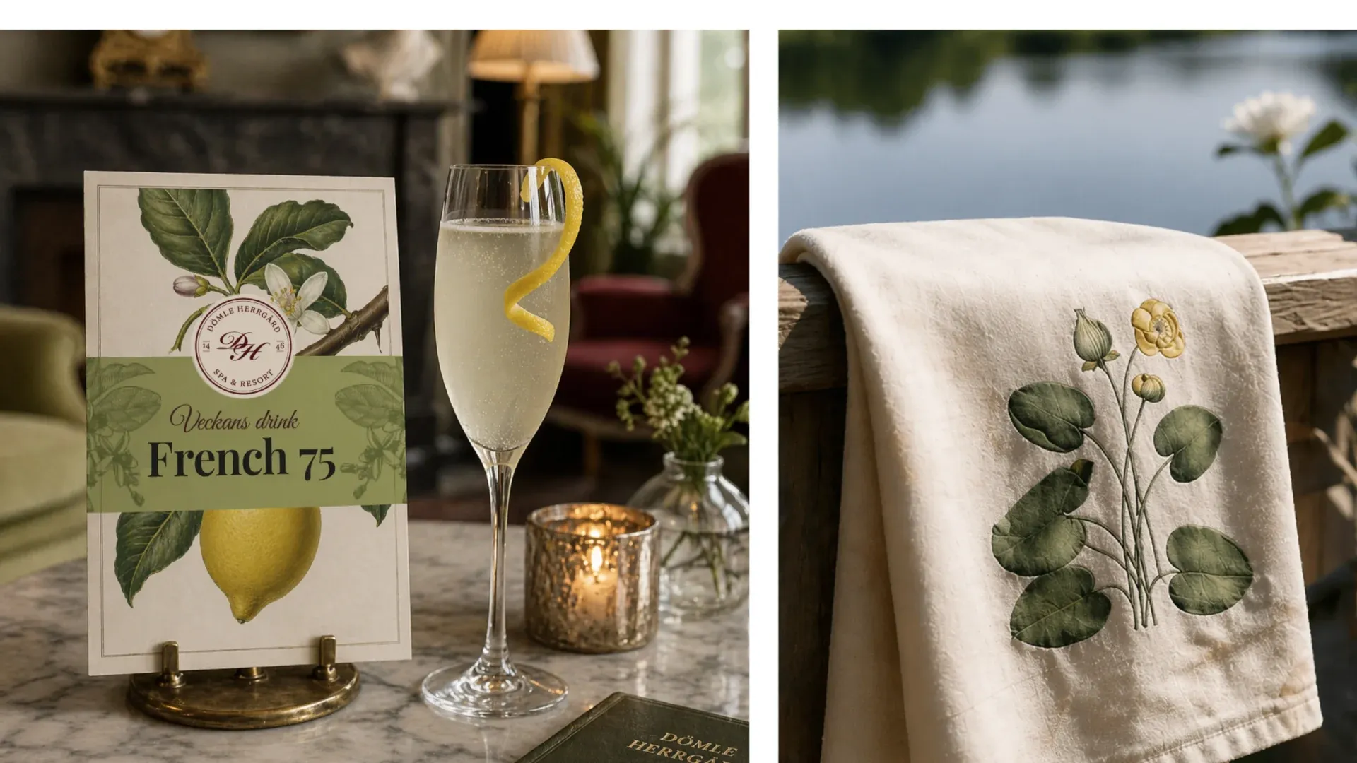 Bordsskylt för veckans drink French 75 med citronillustration intill ett glas, samt en handduk broderad med näckrosmotiv