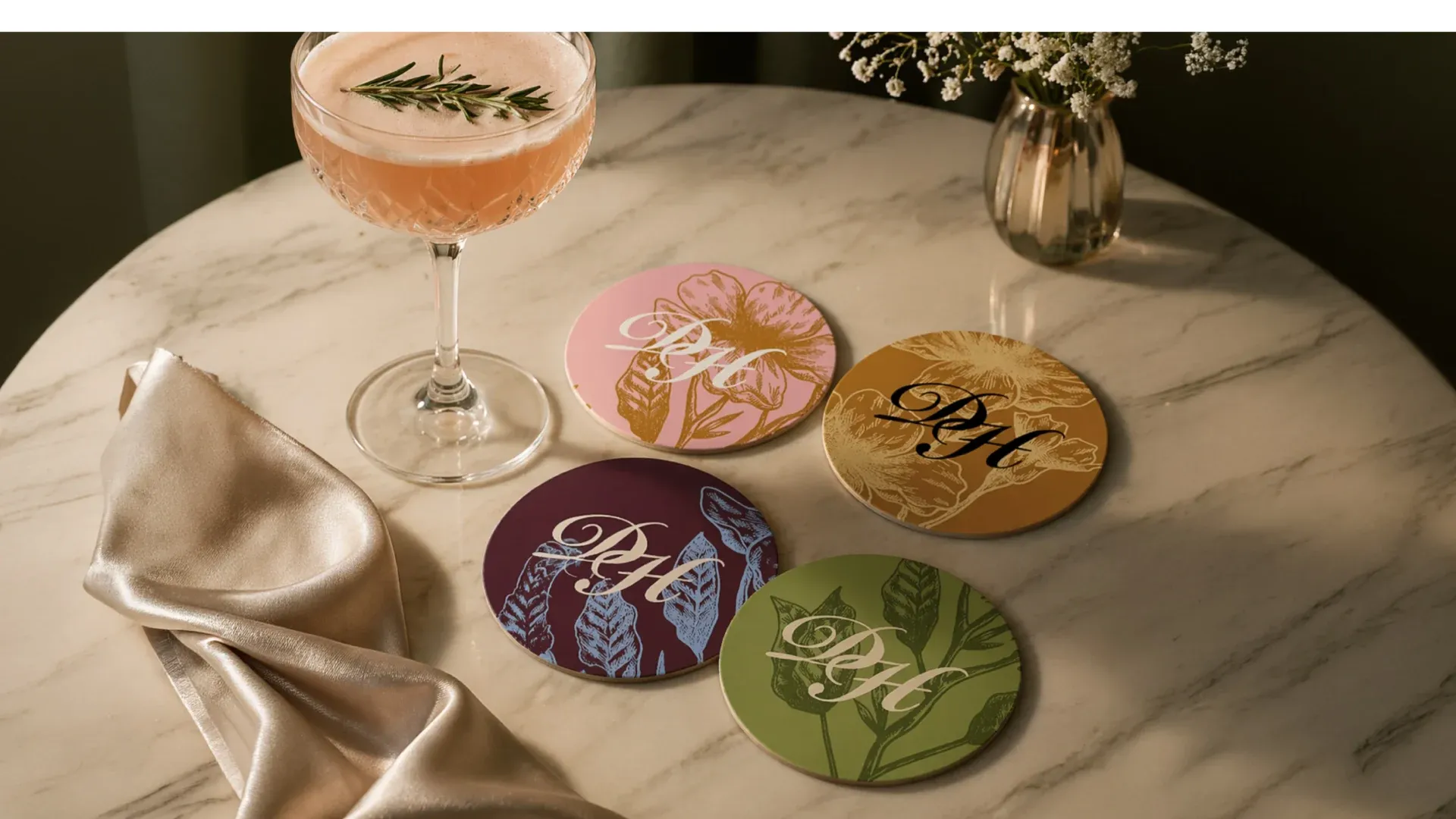 Glasunderlägg med monogrammet DH och blommönster i rosa, senapsgult, vinrött och grönt på ett marmorbord bredvid en drink