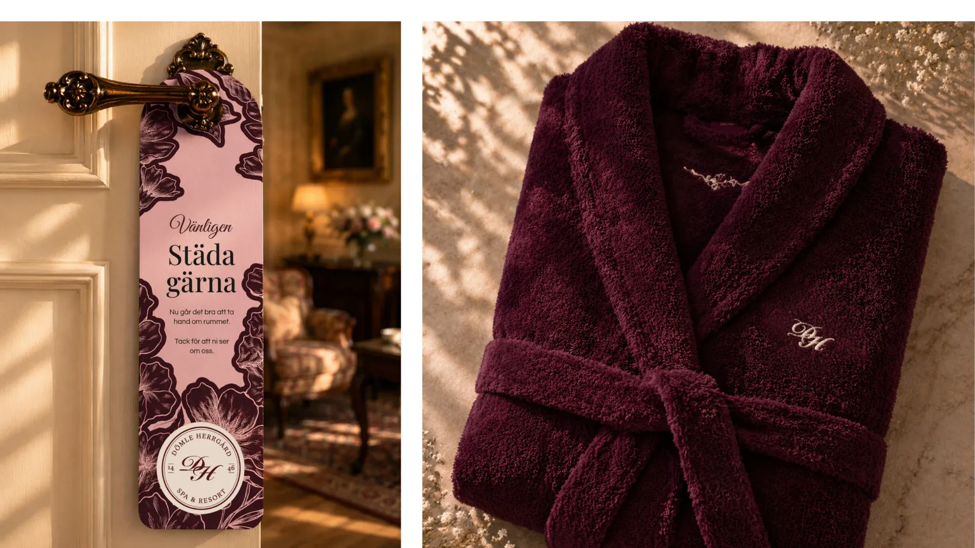 Dörrhängare med texten Vänligen städa gärna och en vinröd morgonrock broderad med monogrammet DH