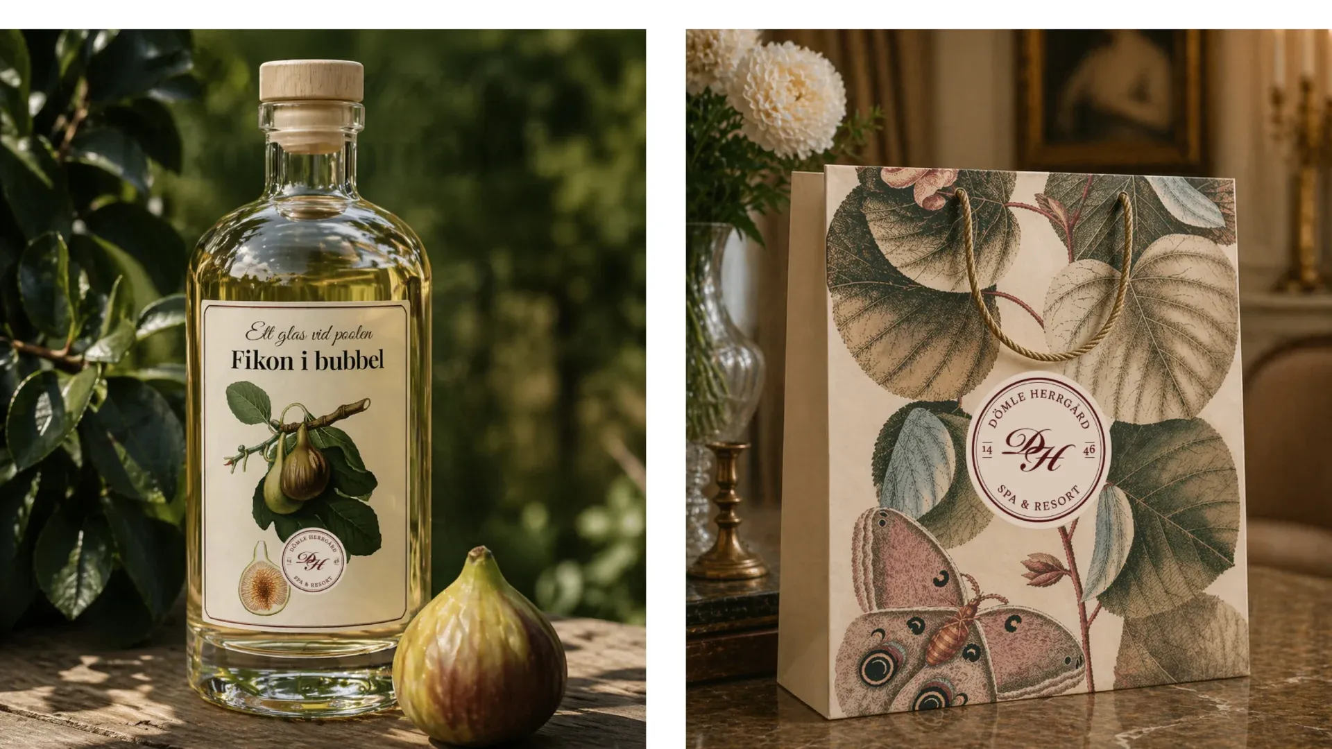 Flaska med etiketten Fikon i bubbel och fikonillustration, samt en papperskasse med botaniskt mönster och herrgårdens emblem