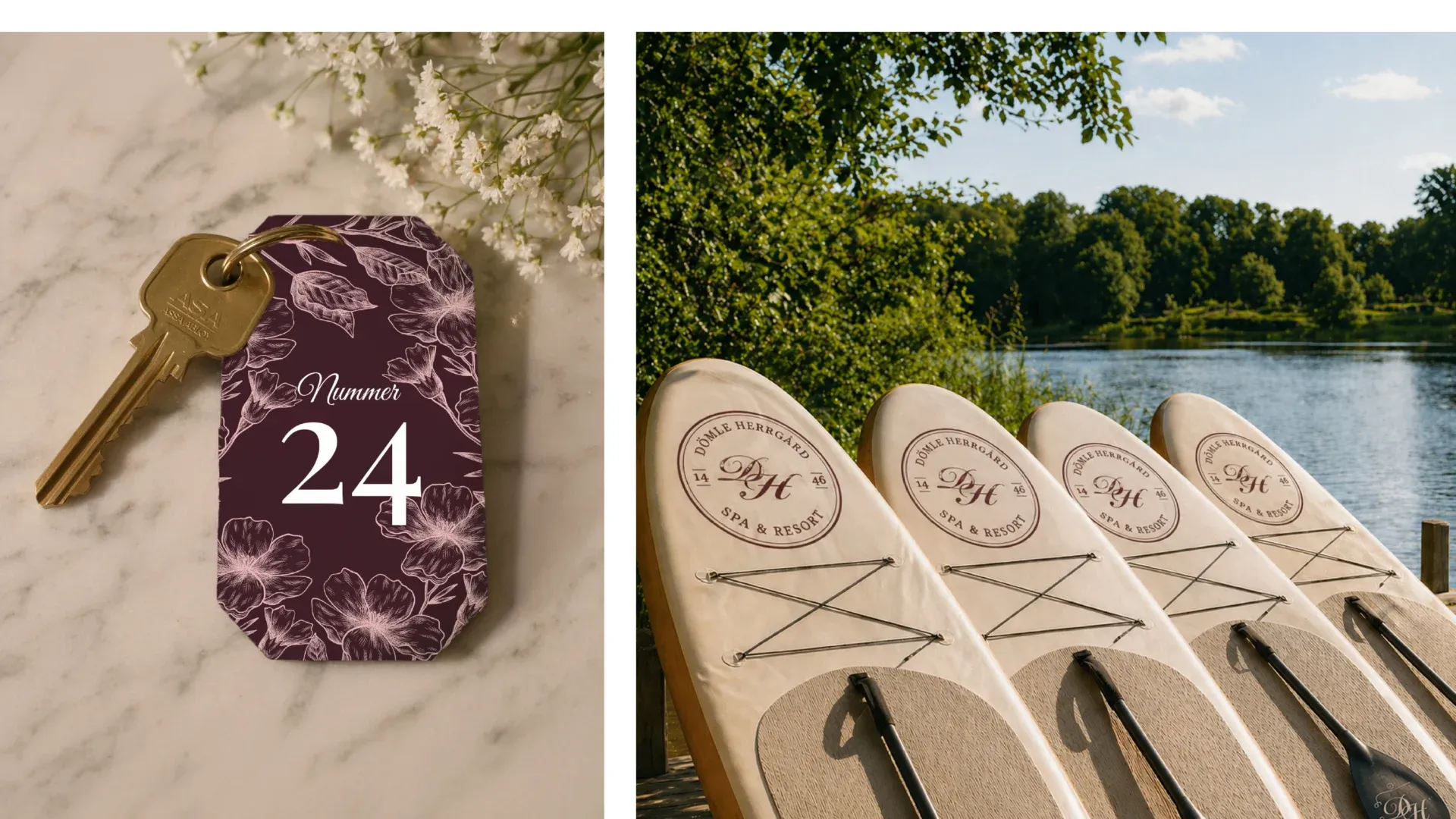 Vinröd nyckelbricka med rumsnummer 24 och paddelbrädor med Dömle Herrgårds emblem uppställda vid en sjö