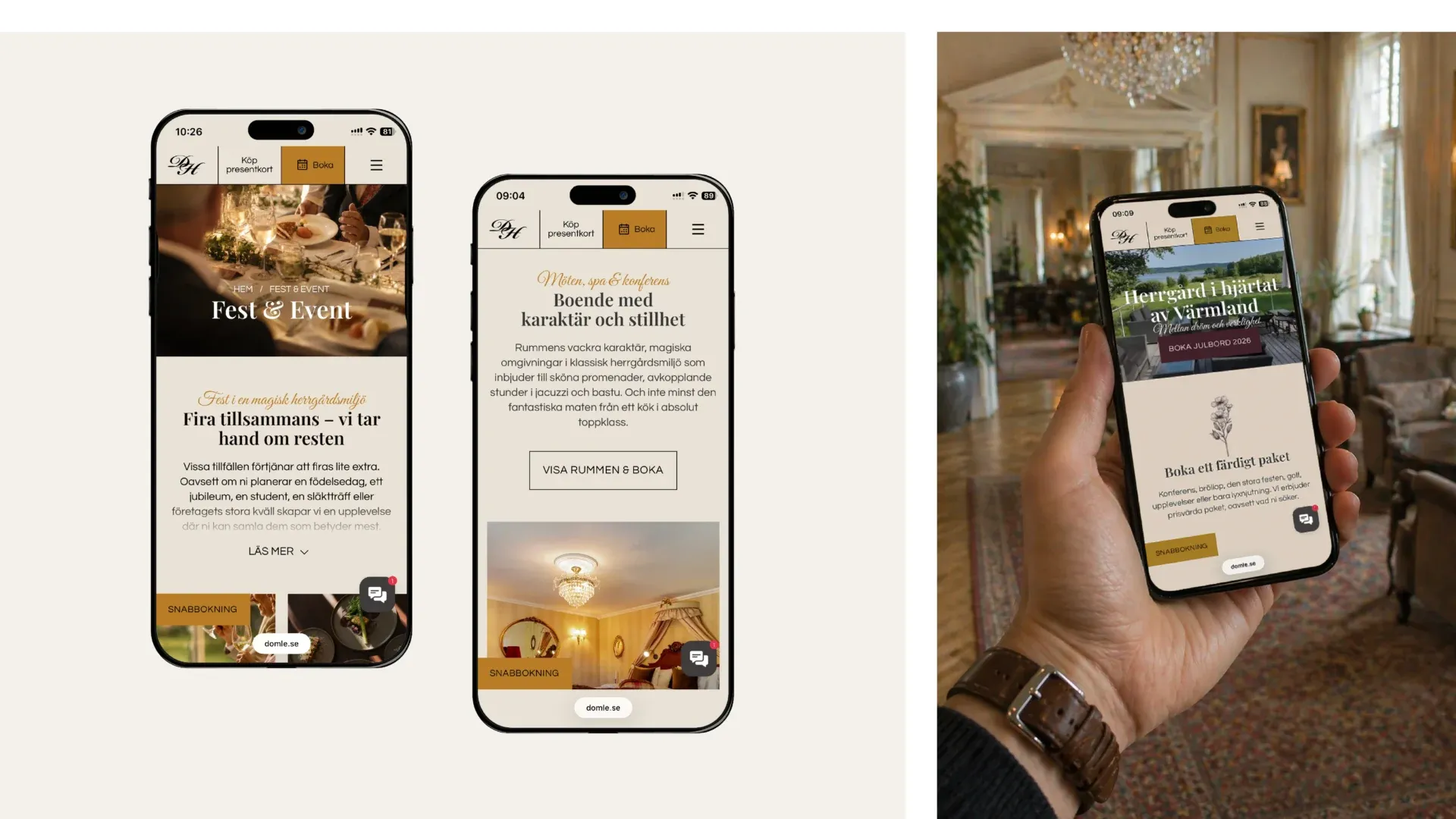 Webbplatsen i mobilen med sidorna Fest och event och Boende med karaktär och stillhet, samt en hand som håller en telefon i herrgårdens salong