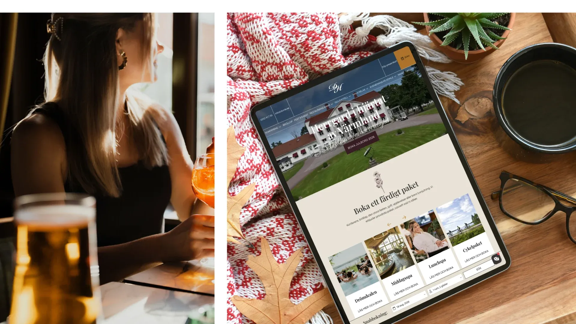 Webbplatsen på en surfplatta med sektionen Boka ett färdigt paket, bredvid en bild av en gäst med en drink