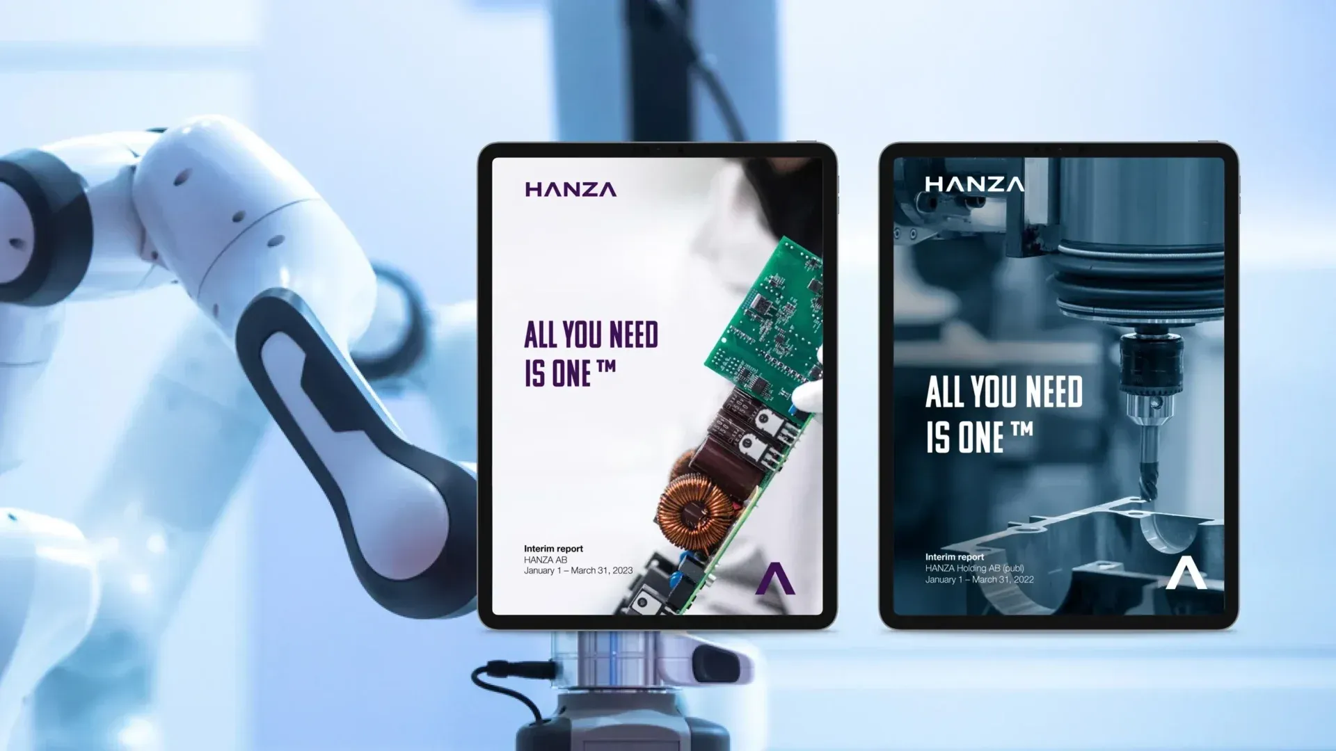 Två surfplattor med omslag till HANZAs delårsrapporter, framför en industrirobot